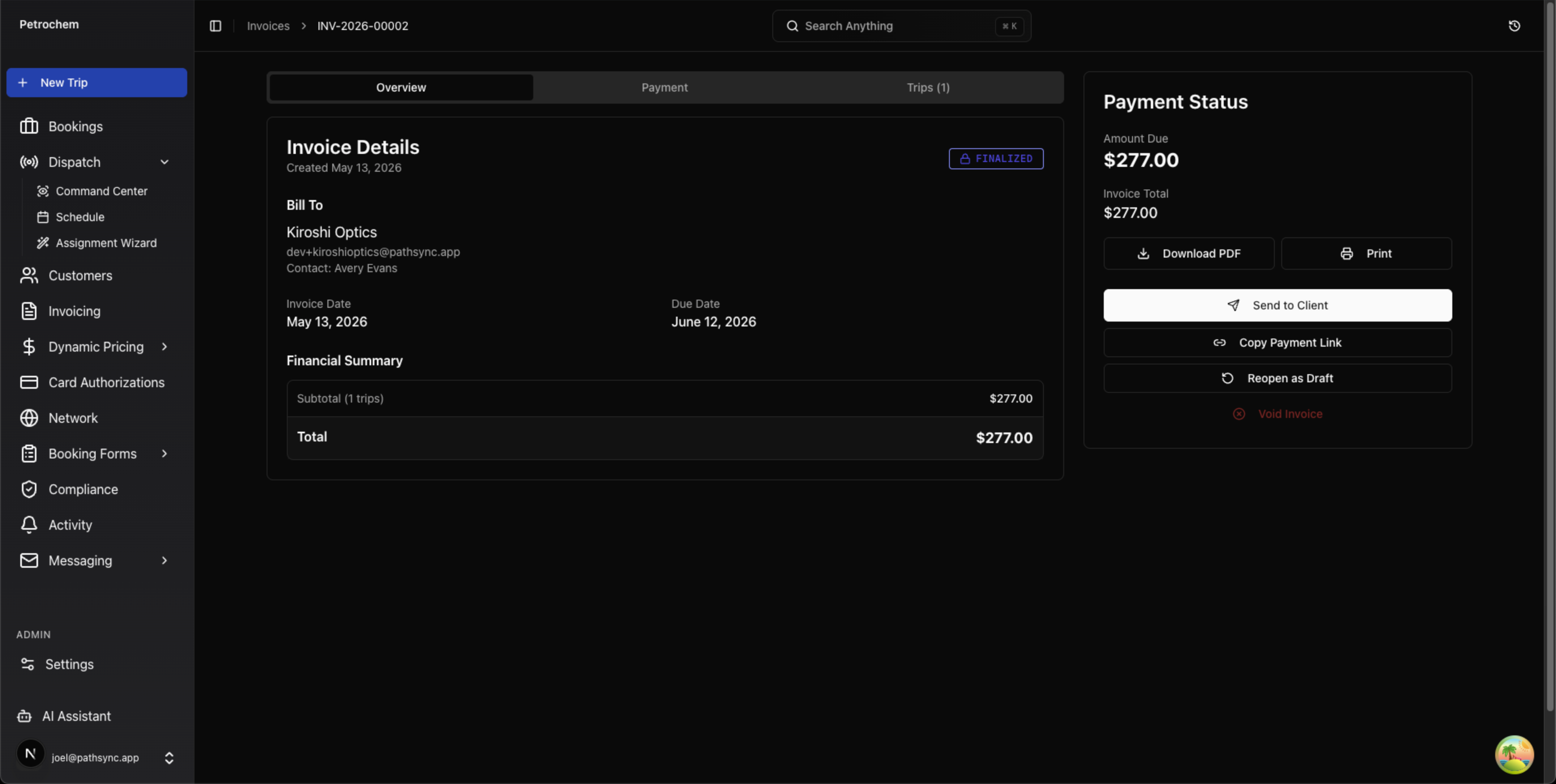 Invoice detail page — finalized invoice with payment status